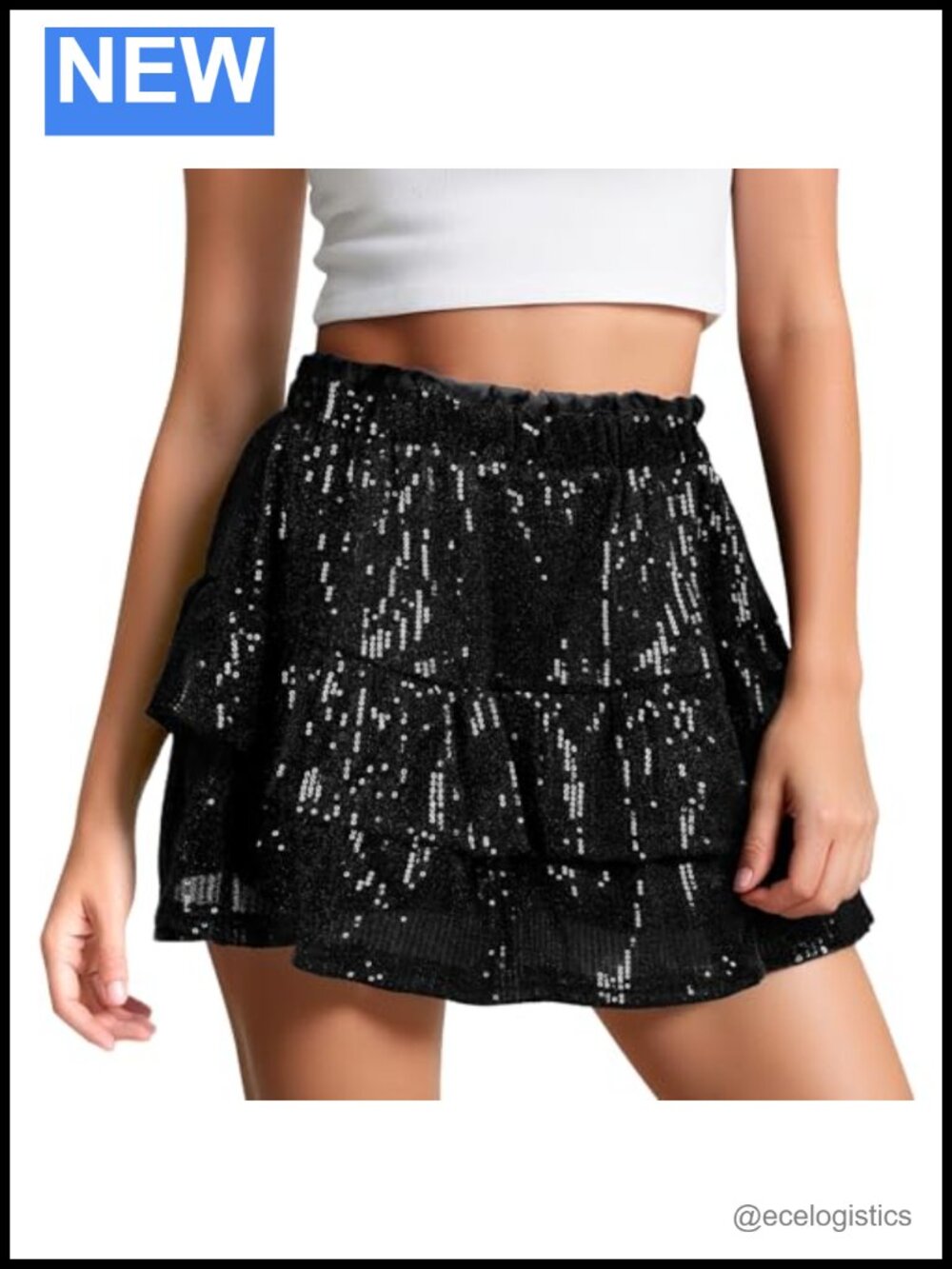Women Sequin Skirt Sparkly Stretchy High Waist Ruffle Glitter Mini Short Skirts